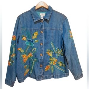 Vintage Cold Water Creek Floral Embroidered Denim Jacket Size 1X
